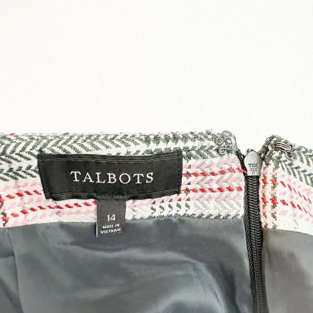 Talbots Plaid Wool Pencil Skirt Gray Pink Size 14